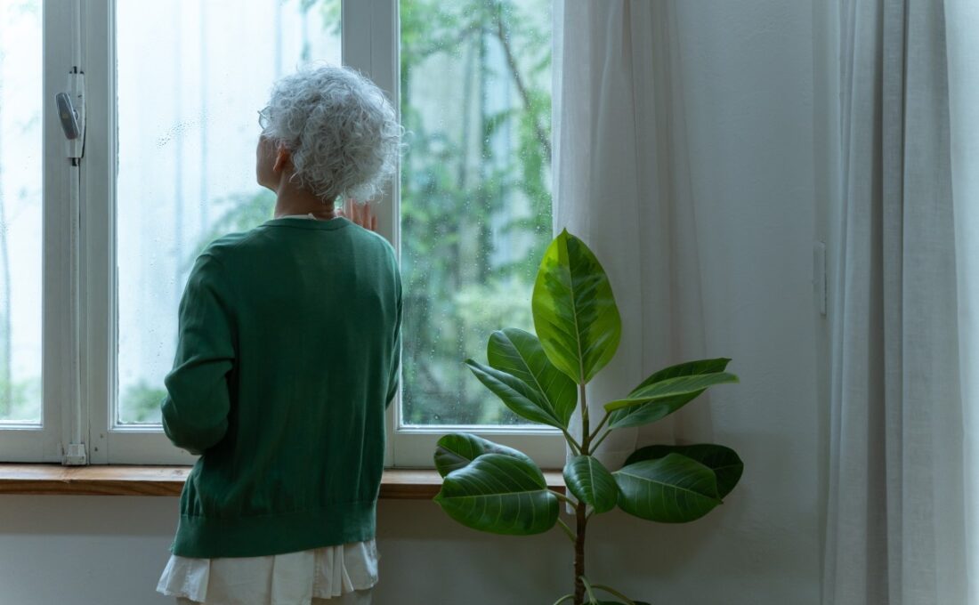 窓の外を見つめる高齢女性の後ろ姿。