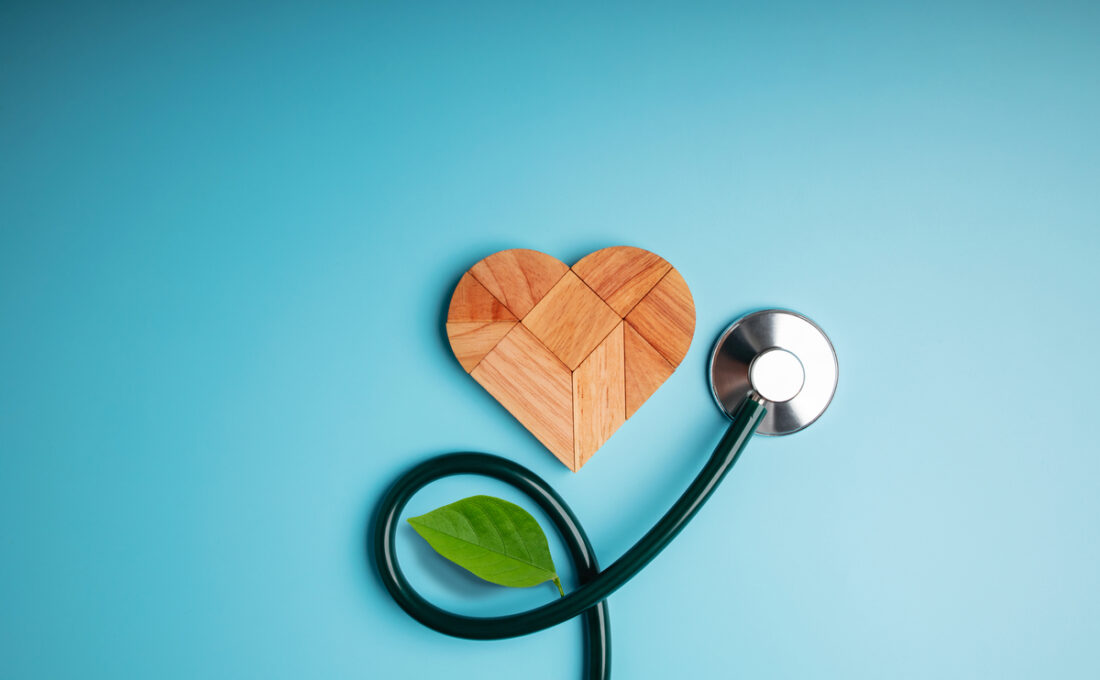 木製の心臓と聴診器、葉が添えられた健康を象徴するイメージ